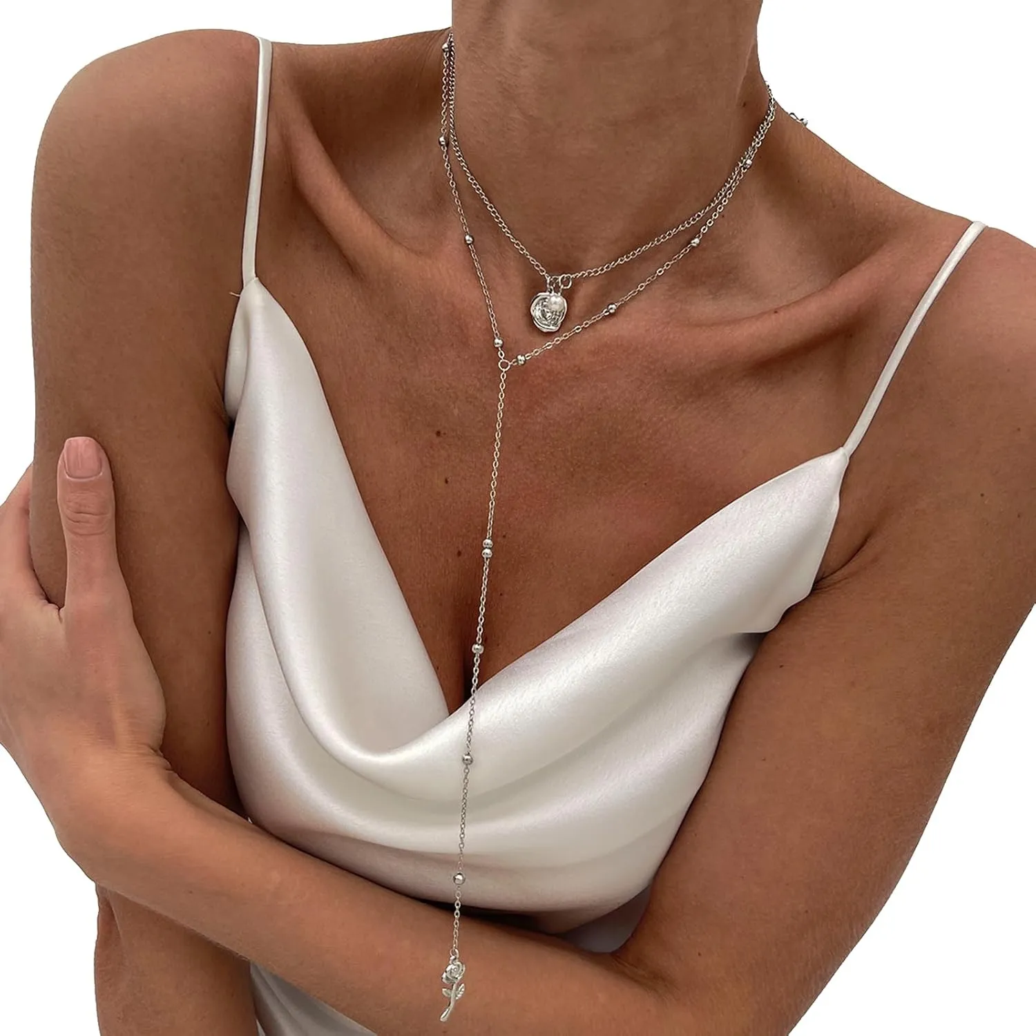 2Pcs Metal Thin Bead Body Chain Necklace,Pearl Clavicle Necklace,Bridal Wedding Flower Chest Body Chain,Sexy Multi-layered Beaded Body Jewelry for Women