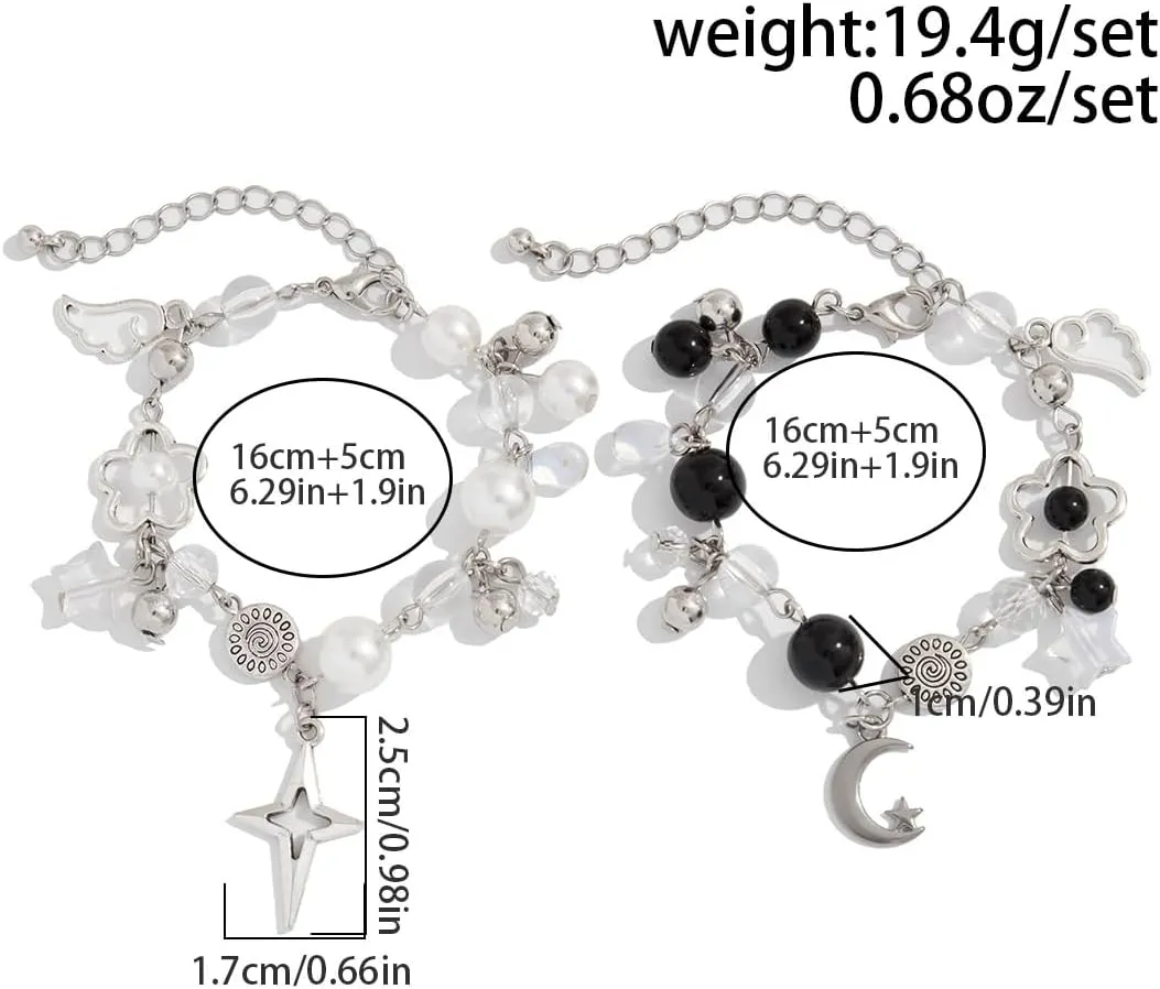 2PCS Punk Y2K Matching Bracelet for Women Men Cool Y2K Pearl Strawberry Envelope Love Heart Star Beaded Bracelets Set Aesthetic Grunge Punk Beads Bracelet for Couples Friends Jewelry Gifts