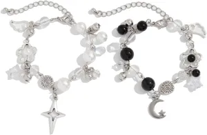 2PCS Punk Y2K Matching Bracelet for Women Men Cool Y2K Pearl Strawberry Envelope Love Heart Star Beaded Bracelets Set Aesthetic Grunge Punk Beads Bracelet for Couples Friends Jewelry Gifts