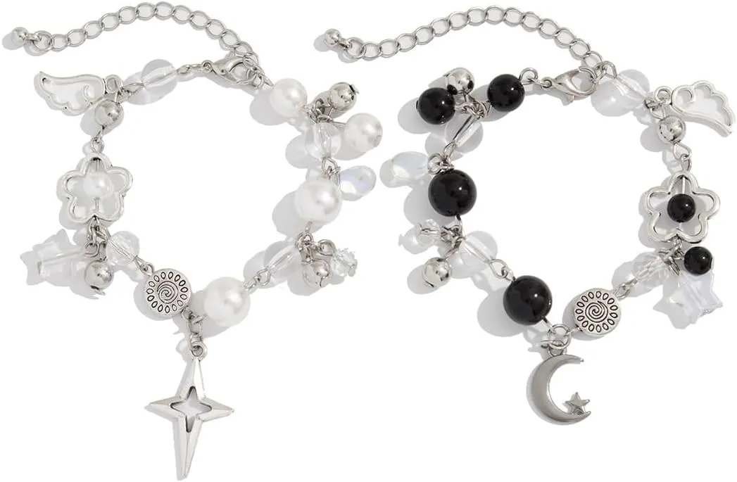 2PCS Punk Y2K Matching Bracelet for Women Men Cool Y2K Pearl Strawberry Envelope Love Heart Star Beaded Bracelets Set Aesthetic Grunge Punk Beads Bracelet for Couples Friends Jewelry Gifts