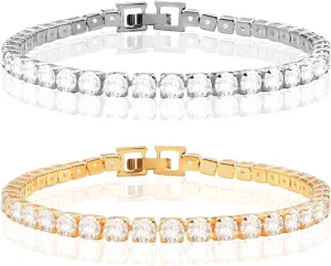 2PCS Silver Gold Plated Bangle Bracelet Love Friendship Bracelet with Crystal Cubic Zirconia Stones Bracelet for Christmas Valentine's Day Wedding Party Birthday Gifts (K Gold & Silver)