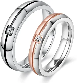 2pcs Stainless Steel Cz Zircon Wedding Band For Men Women Couple Promise Rings Set