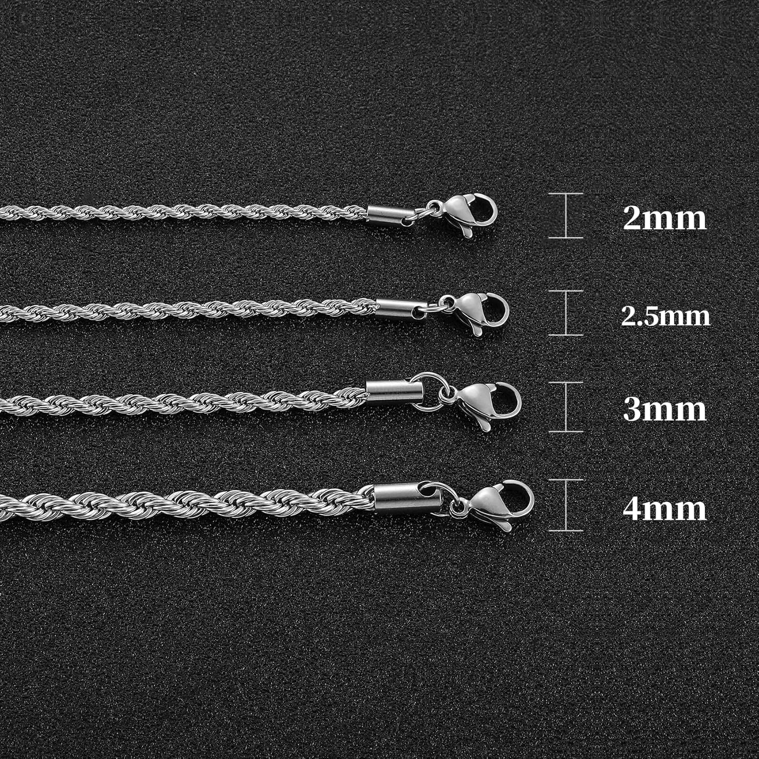 2PCS Unisex Adult Chains, Stainless Steel Rope Necklace, Twist Chain Necklace for Women & Men, Gold/Silver/Black, Ages 6 
