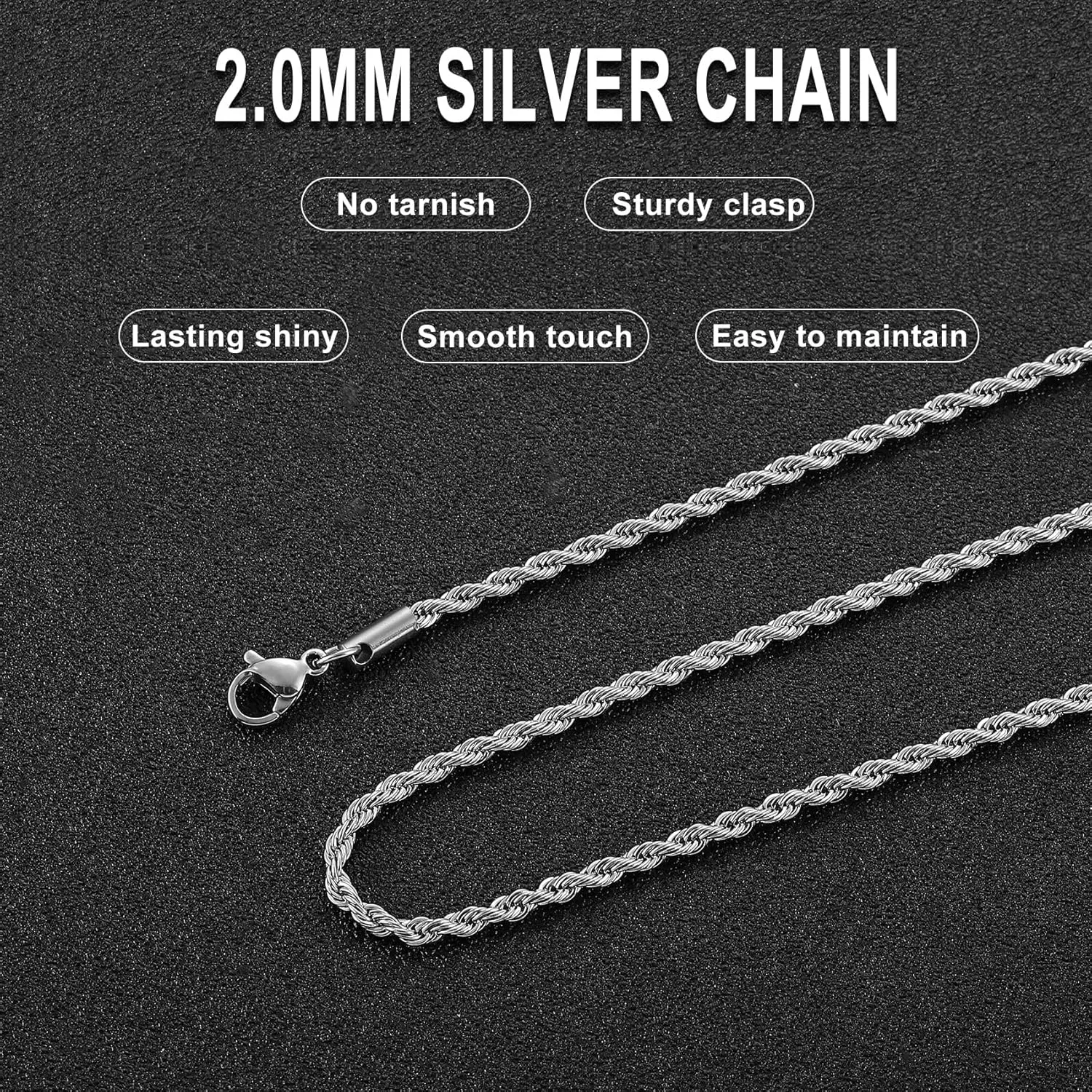 2PCS Unisex Adult Chains, Stainless Steel Rope Necklace, Twist Chain Necklace for Women & Men, Gold/Silver/Black, Ages 6 