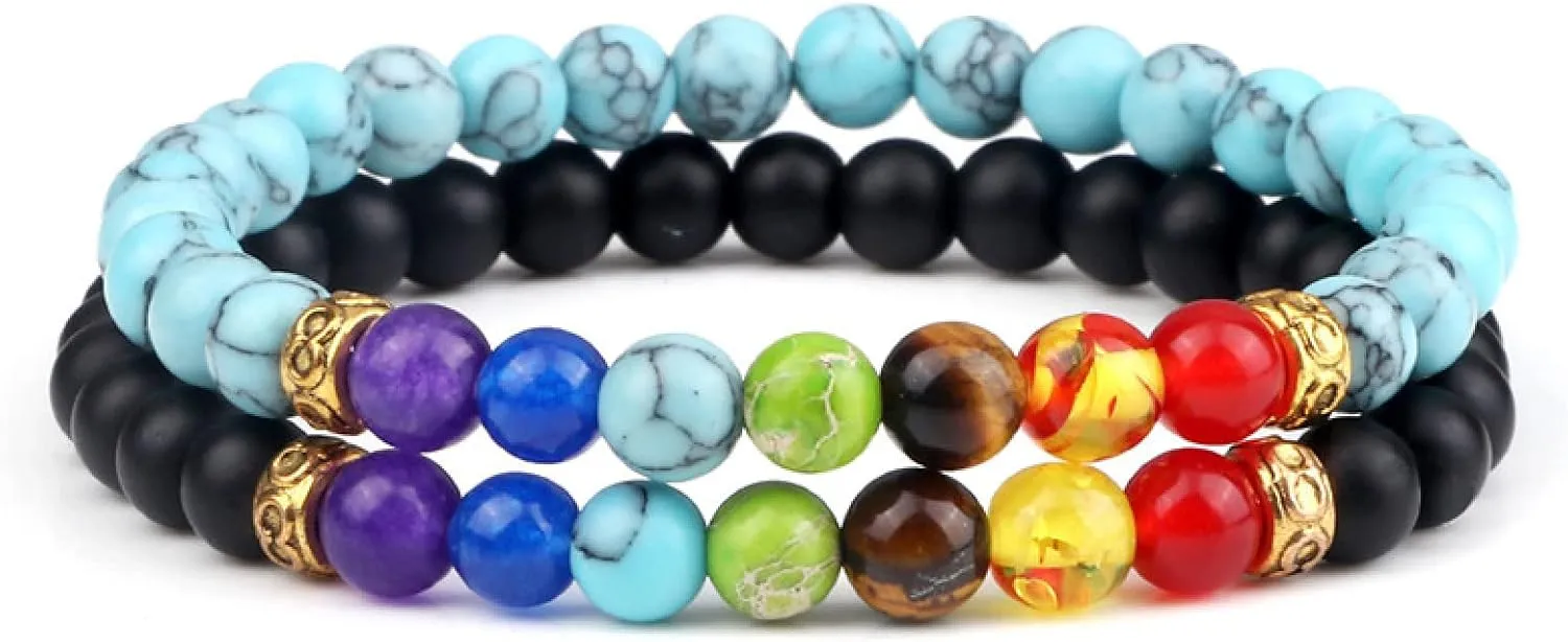 2Pcs/Set 7 Chakra Reiki Beads Bracelet Charm 6mm Natural Lava Weathered Stone Balance Prayer Bracelets&Bangles Men Women Jewelry,Set 13