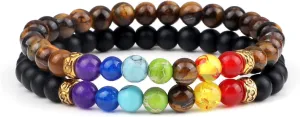 2Pcs/Set 7 Chakra Reiki Beads Bracelet Charm 6mm Natural Lava Weathered Stone Balance Prayer Bracelets&Bangles Men Women Jewelry,Set 14