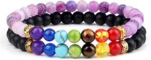 2Pcs/Set 7 Chakra Reiki Beads Bracelet Charm 6mm Natural Lava Weathered Stone Balance Prayer Bracelets&Bangles Men Women Jewelry,Set 15
