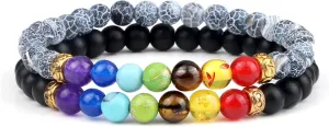 2Pcs/Set 7 Chakra Reiki Beads Bracelet Charm 6mm Natural Lava Weathered Stone Balance Prayer Bracelets&Bangles Men Women Jewelry,Set 16