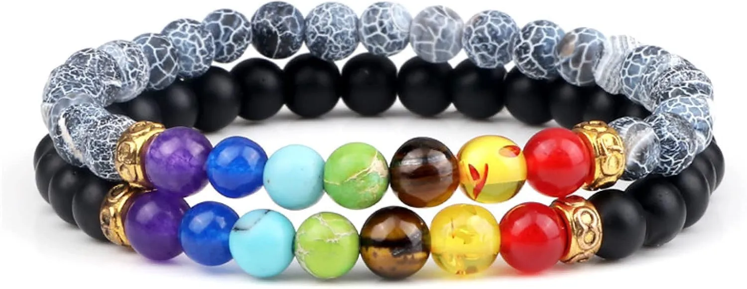 2Pcs/Set 7 Chakra Reiki Beads Bracelet Charm 6mm Natural Lava Weathered Stone Balance Prayer Bracelets&Bangles Men Women Jewelry,Set 16