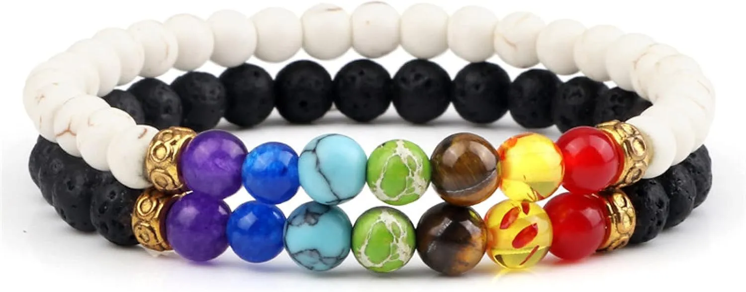 2Pcs/Set 7 Chakra Reiki Beads Bracelet Charm 6mm Natural Lava Weathered Stone Balance Prayer Bracelets&Bangles Men Women Jewelry,Set 17