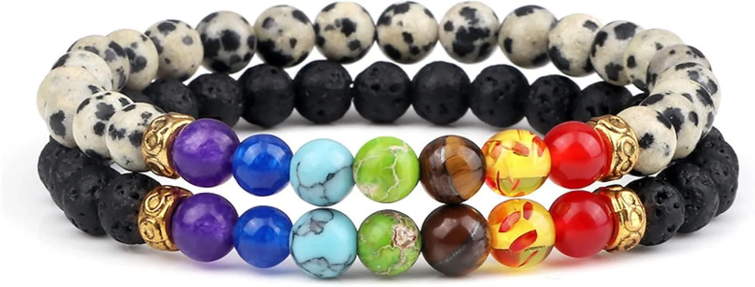 2Pcs/Set 7 Chakra Reiki Beads Bracelet Charm 6mm Natural Lava Weathered Stone Balance Prayer Bracelets&Bangles Men Women Jewelry,Set 19