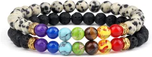 2Pcs/Set 7 Chakra Reiki Beads Bracelet Charm 6mm Natural Lava Weathered Stone Balance Prayer Bracelets&Bangles Men Women Jewelry,Set 19