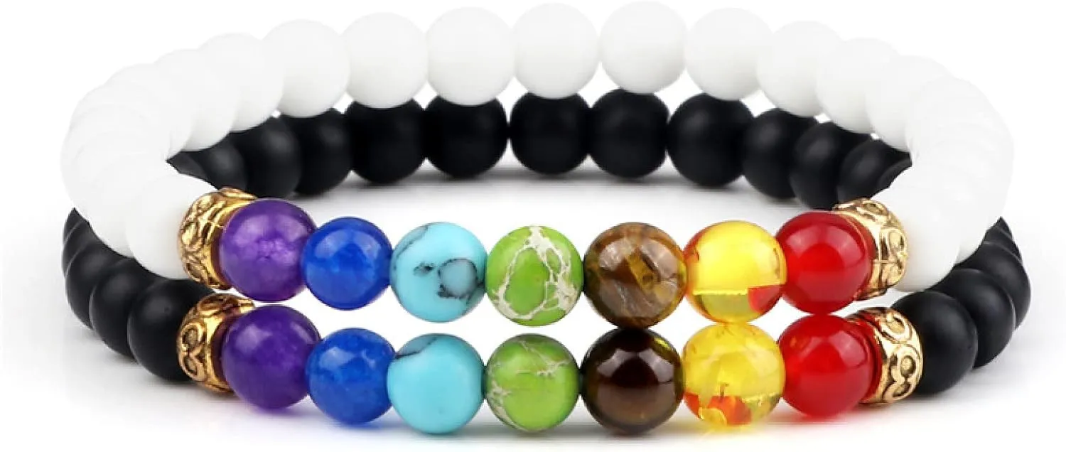 2Pcs/Set 7 Chakra Reiki Beads Bracelet Charm 6mm Natural Lava Weathered Stone Balance Prayer Bracelets&Bangles Men Women Jewelry,Set 1