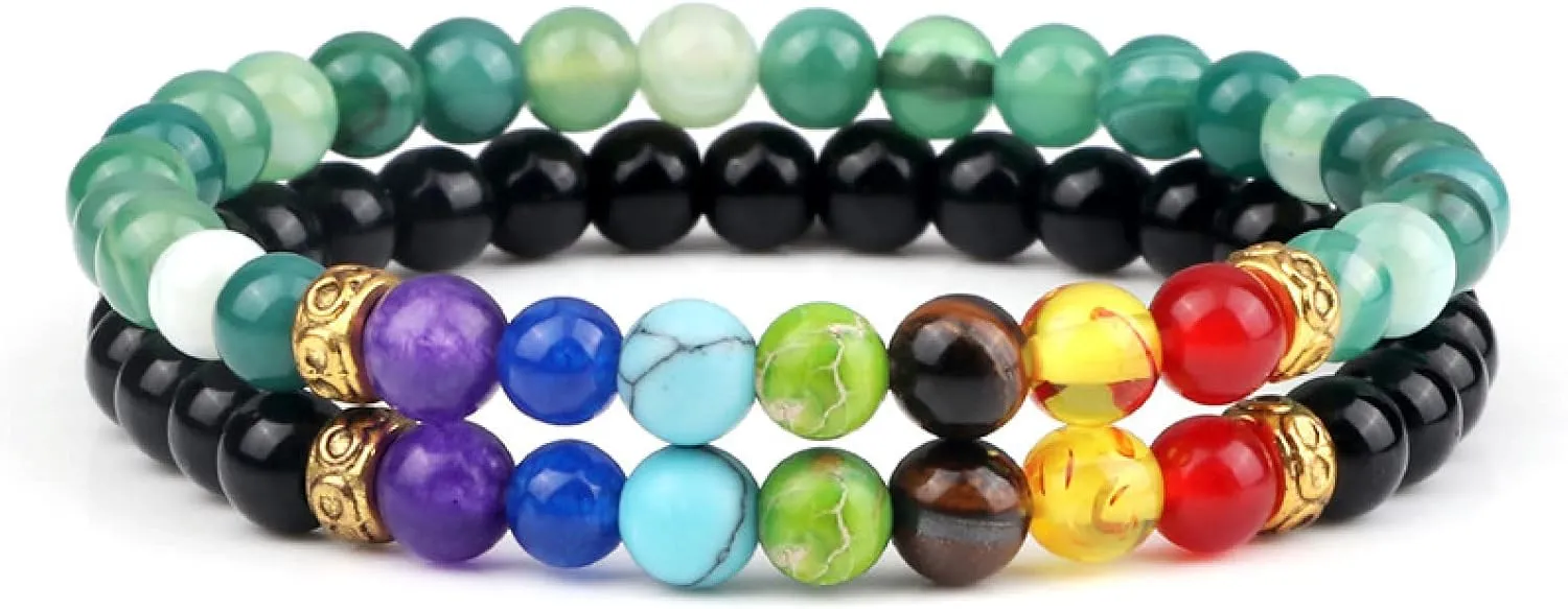 2Pcs/Set 7 Chakra Reiki Beads Bracelet Charm 6mm Natural Lava Weathered Stone Balance Prayer Bracelets&Bangles Men Women Jewelry,Set 23