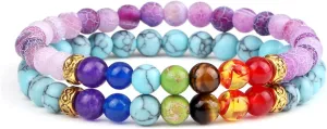 2Pcs/Set 7 Chakra Reiki Beads Bracelet Charm 6mm Natural Lava Weathered Stone Balance Prayer Bracelets&Bangles Men Women Jewelry,Set 27