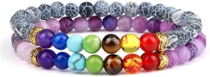 2Pcs/Set 7 Chakra Reiki Beads Bracelet Charm 6mm Natural Lava Weathered Stone Balance Prayer Bracelets&Bangles Men Women Jewelry,Set 28