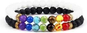 2Pcs/Set 7 Chakra Reiki Beads Bracelet Charm 6mm Natural Lava Weathered Stone Balance Prayer Bracelets&Bangles Men Women Jewelry,Set 2