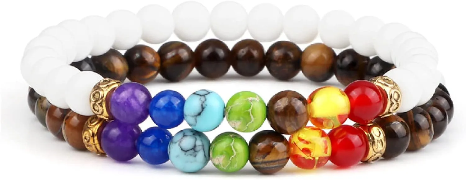 2Pcs/Set 7 Chakra Reiki Beads Bracelet Charm 6mm Natural Lava Weathered Stone Balance Prayer Bracelets&Bangles Men Women Jewelry,Set 6