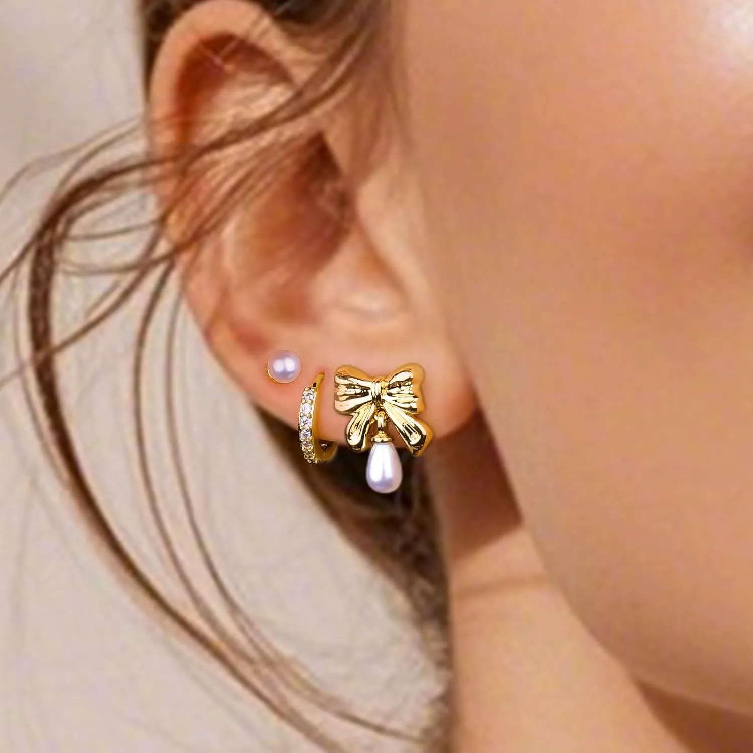 3 Pairs Gold Pearl Earrings for Women: 14K Gold Plated Hoop Stud Earrings Set for Women Hypoallergenic - Pearl Bow Dangle Huggie Earring Stacks Heart Trendy Fashion Accessories Jewelry Gifts for Mom