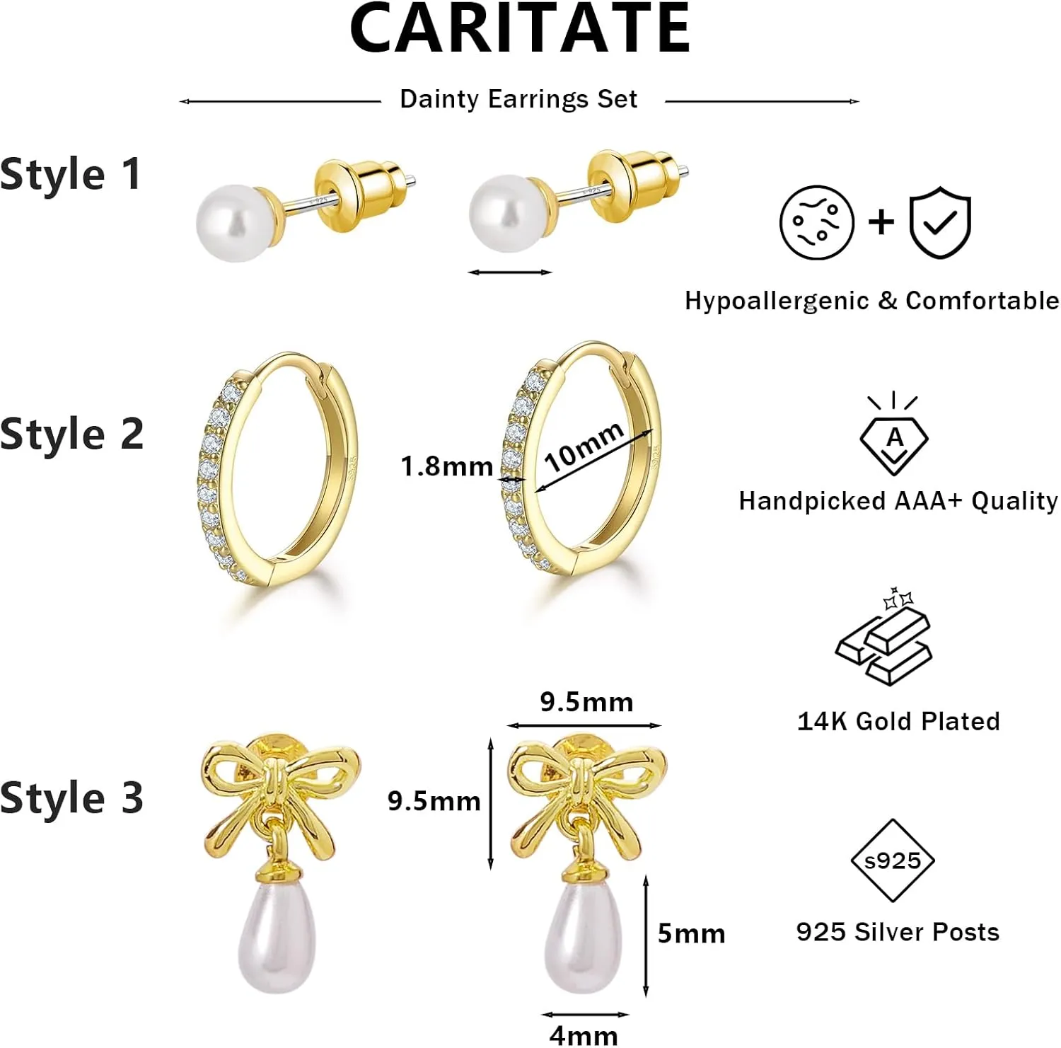 3 Pairs Gold Pearl Earrings for Women: 14K Gold Plated Hoop Stud Earrings Set for Women Hypoallergenic - Pearl Bow Dangle Huggie Earring Stacks Heart Trendy Fashion Accessories Jewelry Gifts for Mom