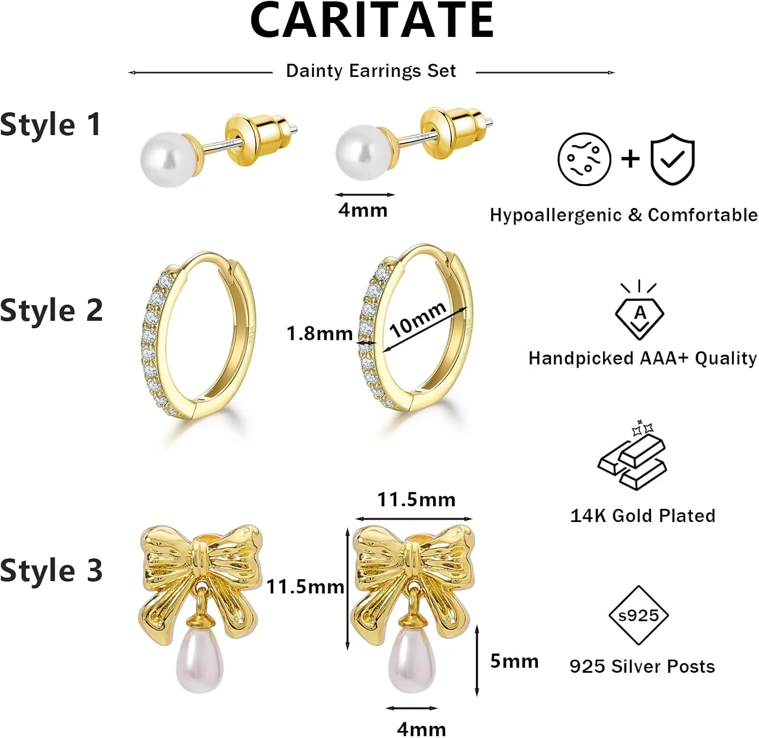 3 Pairs Gold Pearl Earrings for Women: 14K Gold Plated Hoop Stud Earrings Set for Women Hypoallergenic - Pearl Bow Dangle Huggie Earring Stacks Heart Trendy Fashion Accessories Jewelry Gifts for Mom