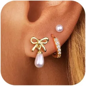 3 Pairs Gold Pearl Earrings for Women: 14K Gold Plated Hoop Stud Earrings Set for Women Hypoallergenic - Pearl Bow Dangle Huggie Earring Stacks Heart Trendy Fashion Accessories Jewelry Gifts for Mom