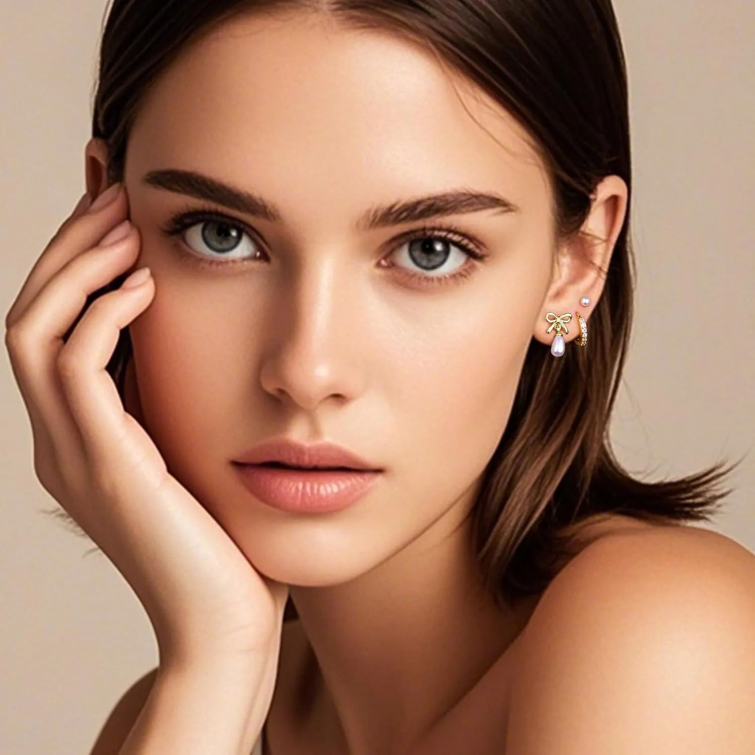 3 Pairs Gold Pearl Earrings for Women: 14K Gold Plated Hoop Stud Earrings Set for Women Hypoallergenic - Pearl Bow Dangle Huggie Earring Stacks Heart Trendy Fashion Accessories Jewelry Gifts for Mom