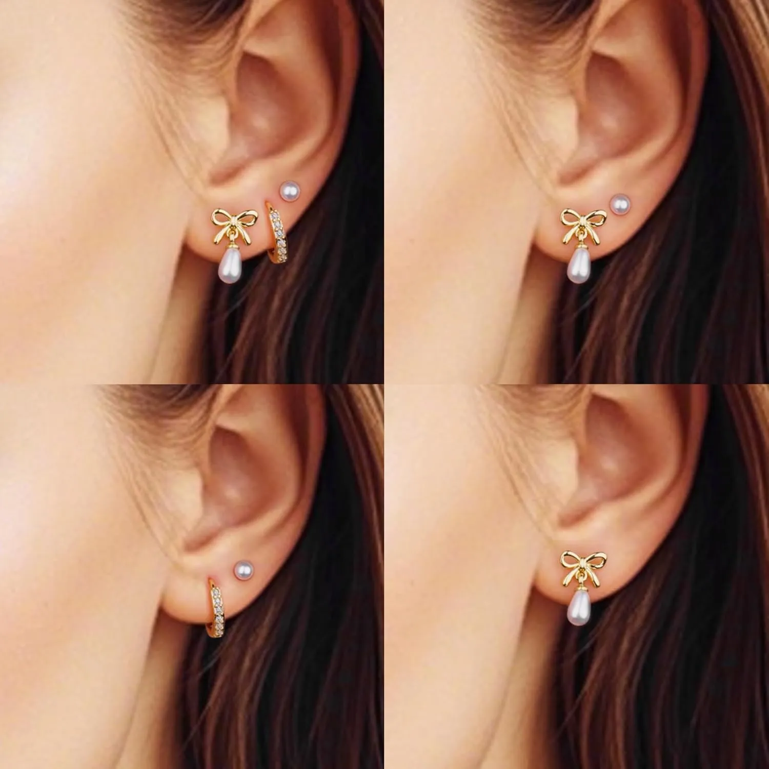3 Pairs Gold Pearl Earrings for Women: 14K Gold Plated Hoop Stud Earrings Set for Women Hypoallergenic - Pearl Bow Dangle Huggie Earring Stacks Heart Trendy Fashion Accessories Jewelry Gifts for Mom