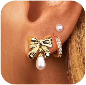3 Pairs Gold Pearl Earrings for Women: 14K Gold Plated Hoop Stud Earrings Set for Women Hypoallergenic - Pearl Bow Dangle Huggie Earring Stacks Heart Trendy Fashion Accessories Jewelry Gifts for Mom
