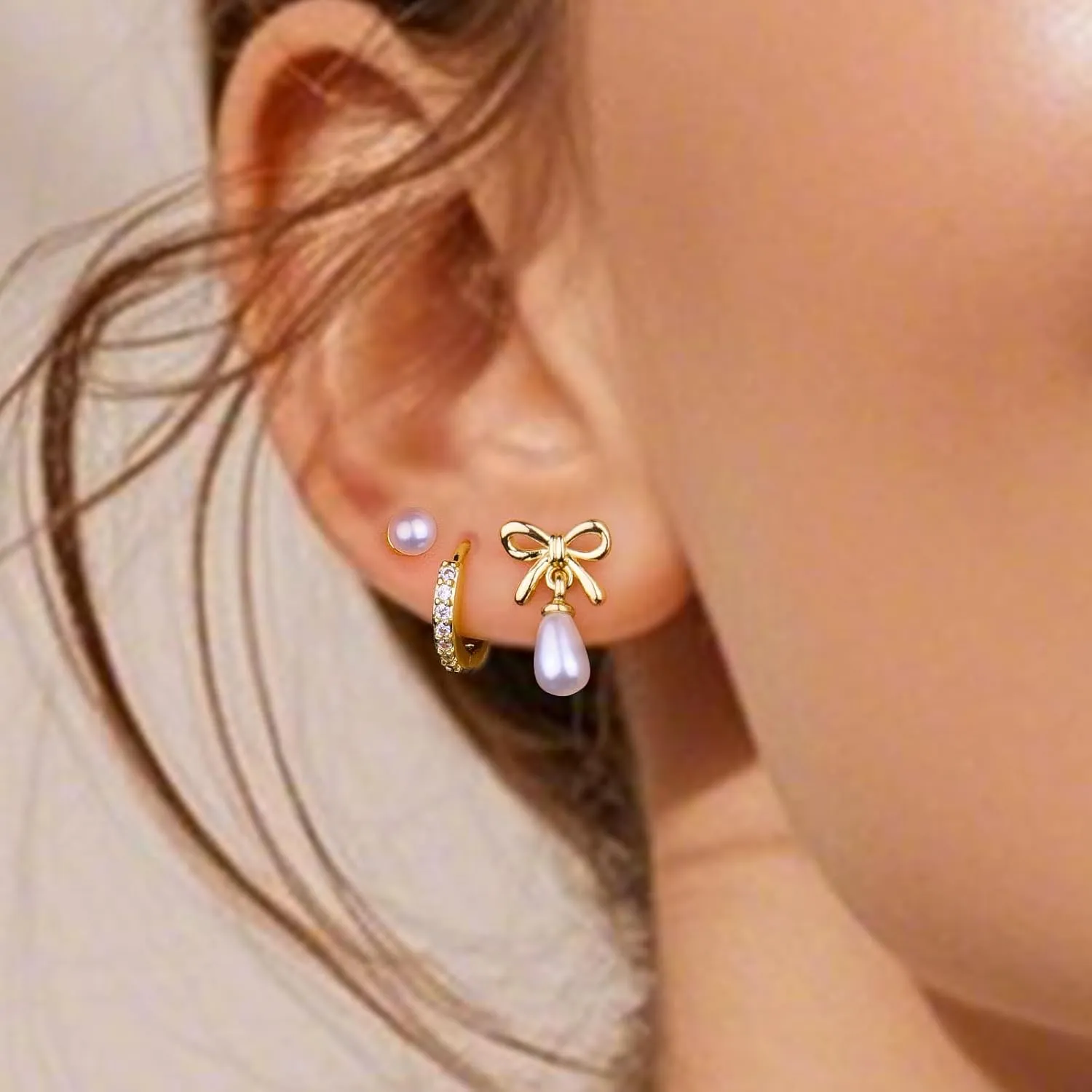 3 Pairs Gold Pearl Earrings for Women: 14K Gold Plated Hoop Stud Earrings Set for Women Hypoallergenic - Pearl Bow Dangle Huggie Earring Stacks Heart Trendy Fashion Accessories Jewelry Gifts for Mom
