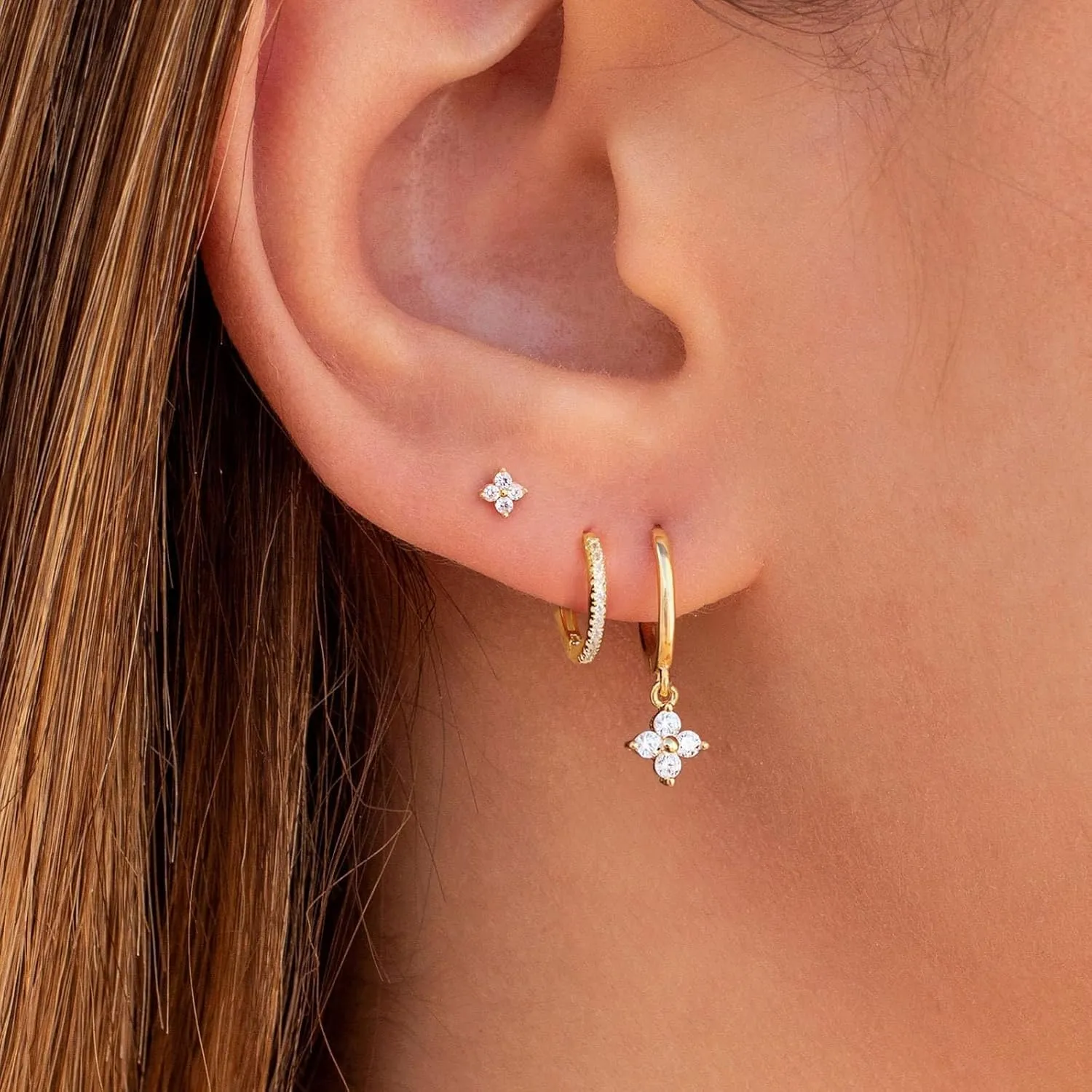 3 Pairs Small Gold Hoop Earring, 14K Gold Plated Earring Stacks Butterfly Heart Star Moon Bow Four Leaf Rhombus Round CZ Pearl Hoop Charm Huggie Earrings for Women Trendy