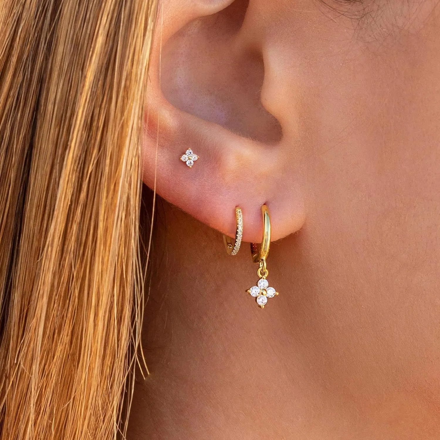 3 Pairs Small Gold Hoop Earring, 14K Gold Plated Earring Stacks Butterfly Heart Star Moon Bow Four Leaf Rhombus Round CZ Pearl Hoop Charm Huggie Earrings for Women Trendy