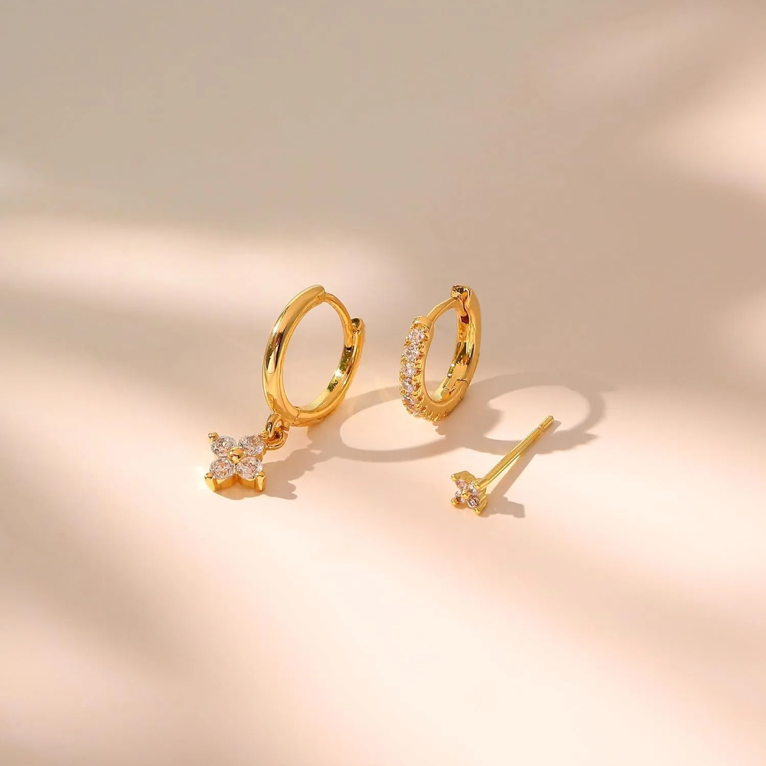 3 Pairs Small Gold Hoop Earring, 14K Gold Plated Earring Stacks Butterfly Heart Star Moon Bow Four Leaf Rhombus Round CZ Pearl Hoop Charm Huggie Earrings for Women Trendy