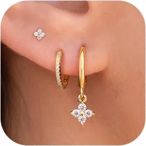 3 Pairs Small Gold Hoop Earring, 14K Gold Plated Earring Stacks Butterfly Heart Star Moon Bow Four Leaf Rhombus Round CZ Pearl Hoop Charm Huggie Earrings for Women Trendy