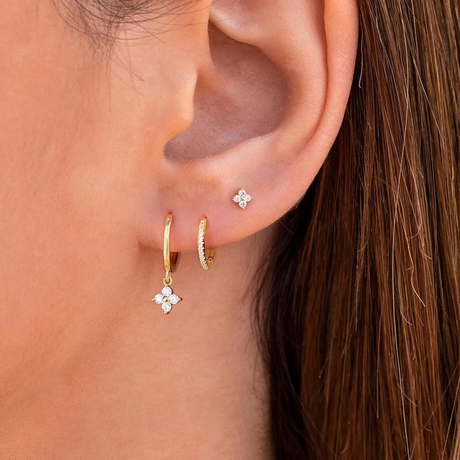 3 Pairs Small Gold Hoop Earring, 14K Gold Plated Earring Stacks Butterfly Heart Star Moon Bow Four Leaf Rhombus Round CZ Pearl Hoop Charm Huggie Earrings for Women Trendy
