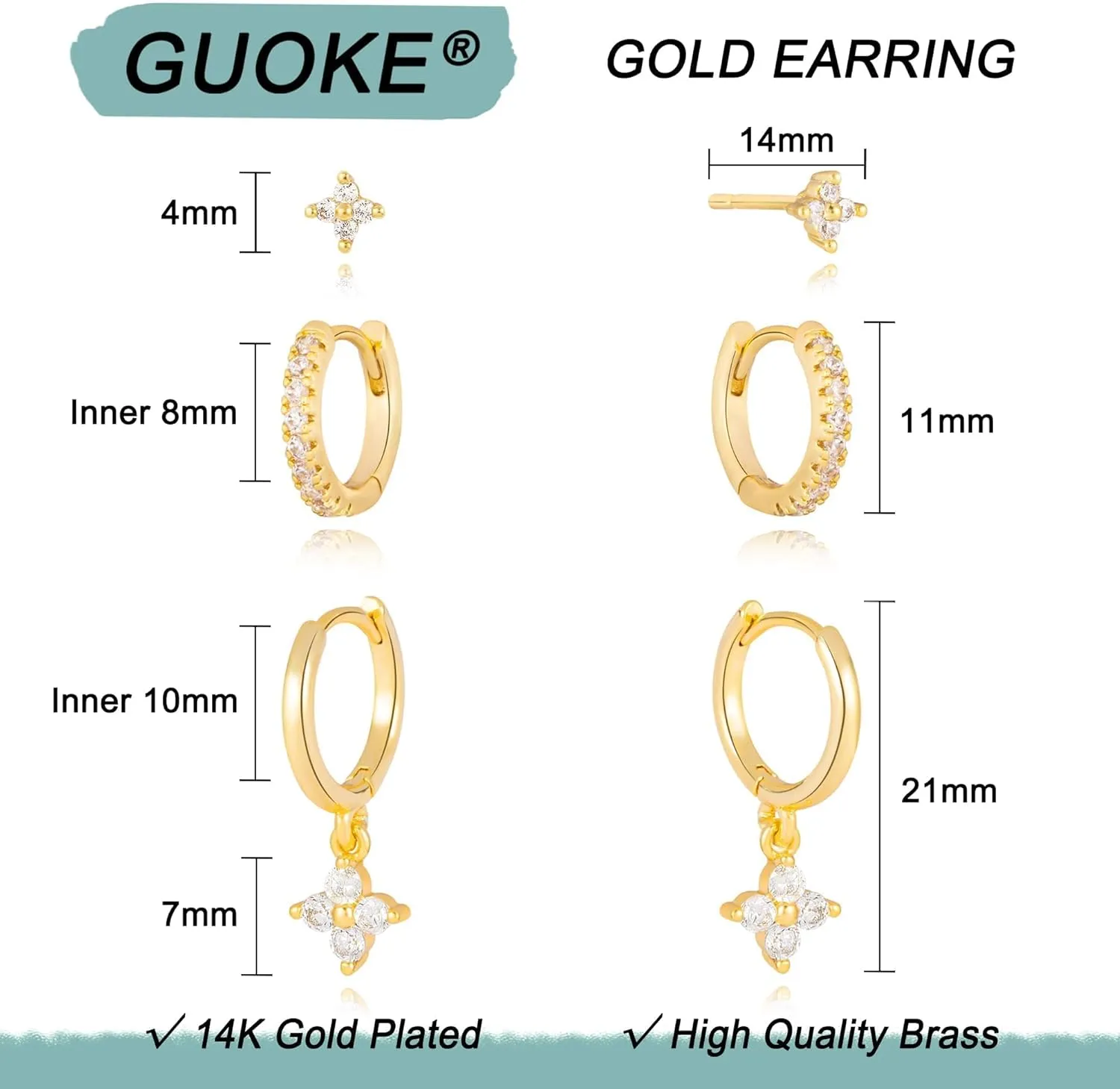 3 Pairs Small Gold Hoop Earring, 14K Gold Plated Earring Stacks Butterfly Heart Star Moon Bow Four Leaf Rhombus Round CZ Pearl Hoop Charm Huggie Earrings for Women Trendy