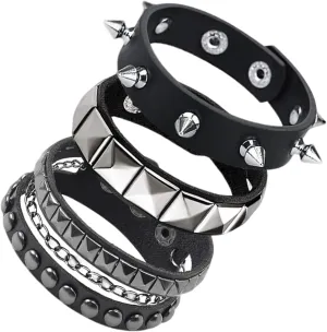 3 Pcs Punk Rock Studded Bracelet Set,Punk Rock Leather Bracelets, Retro Vintage Chain 80s Wristband for Man Woman,Gothic Spike Cuff Bracelet,Wristband Emo Bracelet,Emo Accessories for Rocker Outfits