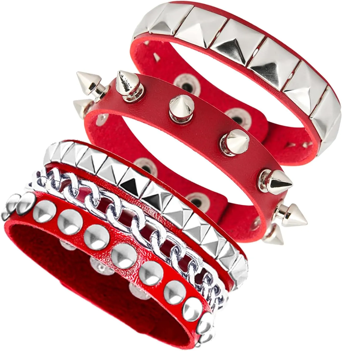 3 Pieces Punk Rock Leather Bracelets for Women Pop 80s 90s Emo Jewelry Accessories Retro Spiked Adjustable Wrap Wrist Cuffs
