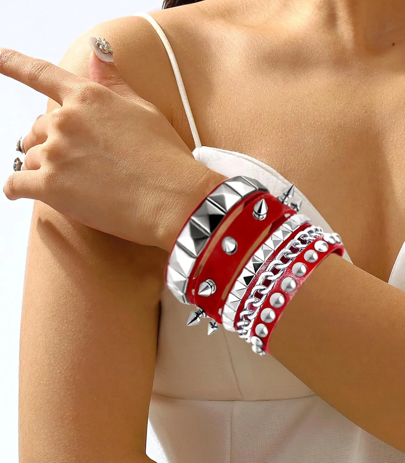 3 Pieces Punk Rock Leather Bracelets for Women Pop 80s 90s Emo Jewelry Accessories Retro Spiked Adjustable Wrap Wrist Cuffs