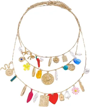 3-Strand Layered Pendant Charms Necklace for Women, Triple Layer Stackable Boho Charm Chain Necklace, Trendy Fashion Summer Beach Ocean Jewelry Gift