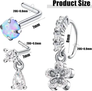 30 Pcs 20G Dangling Nose Rings for Women L Shaped Stainless Steel Dangling Studs CZ Flower Nose Ring Hoop Piercing Jewelry