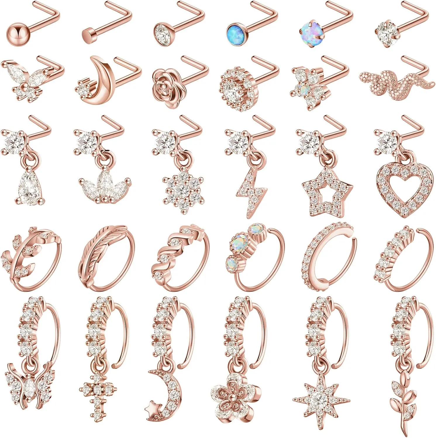 30 Pcs 20G Dangling Nose Rings for Women L Shaped Stainless Steel Dangling Studs CZ Flower Nose Ring Hoop Piercing Jewelry