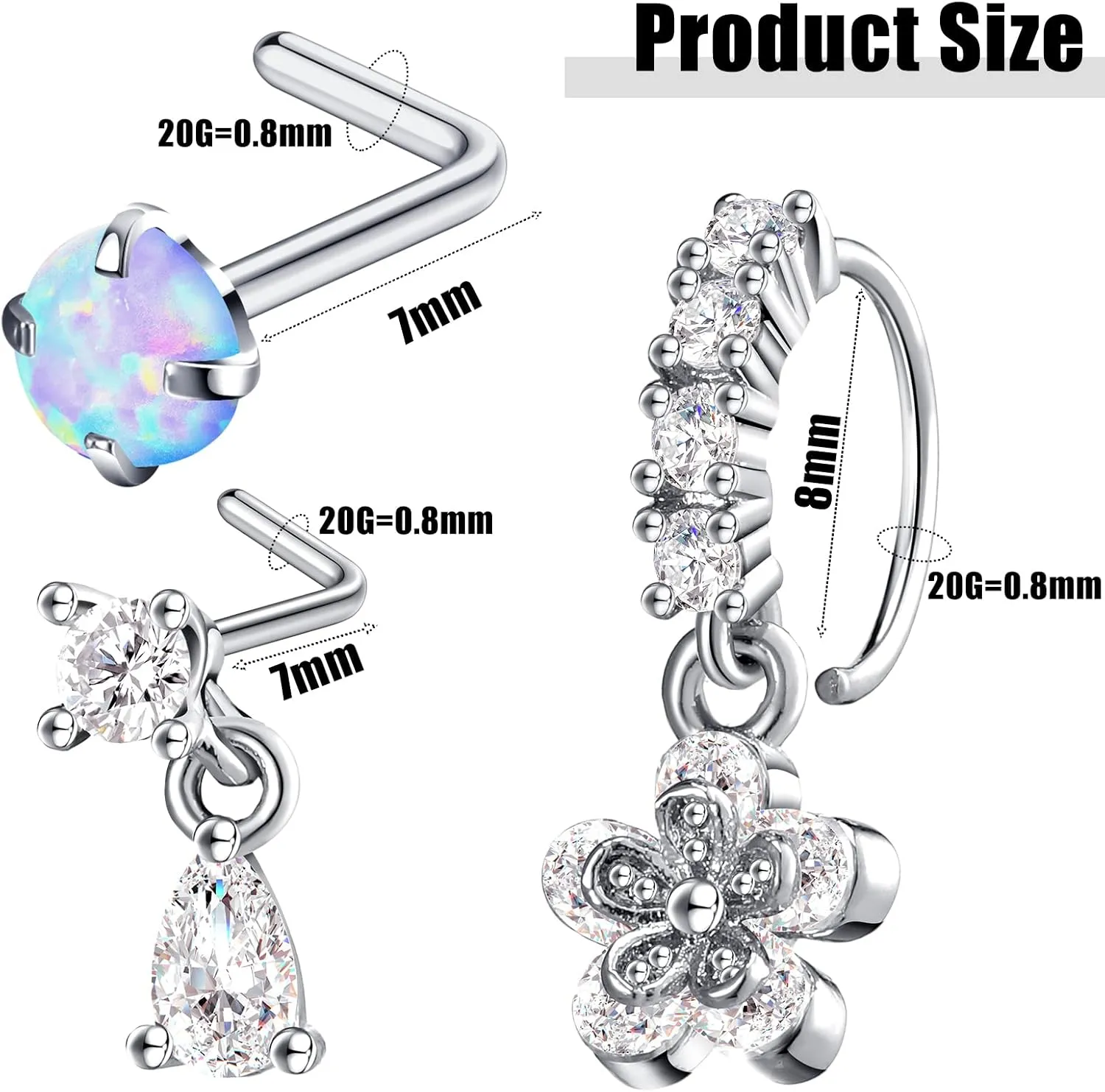 30 Pcs 20G Dangling Nose Rings for Women L Shaped Stainless Steel Dangling Studs CZ Flower Nose Ring Hoop Piercing Jewelry