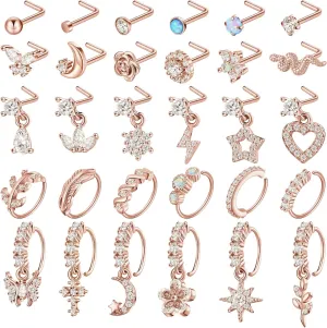 30 Pcs 20G Dangling Nose Rings for Women L Shaped Stainless Steel Dangling Studs CZ Flower Nose Ring Hoop Piercing Jewelry