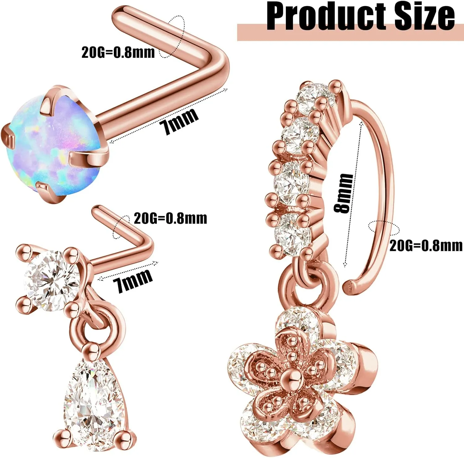30 Pcs 20G Dangling Nose Rings for Women L Shaped Stainless Steel Dangling Studs CZ Flower Nose Ring Hoop Piercing Jewelry