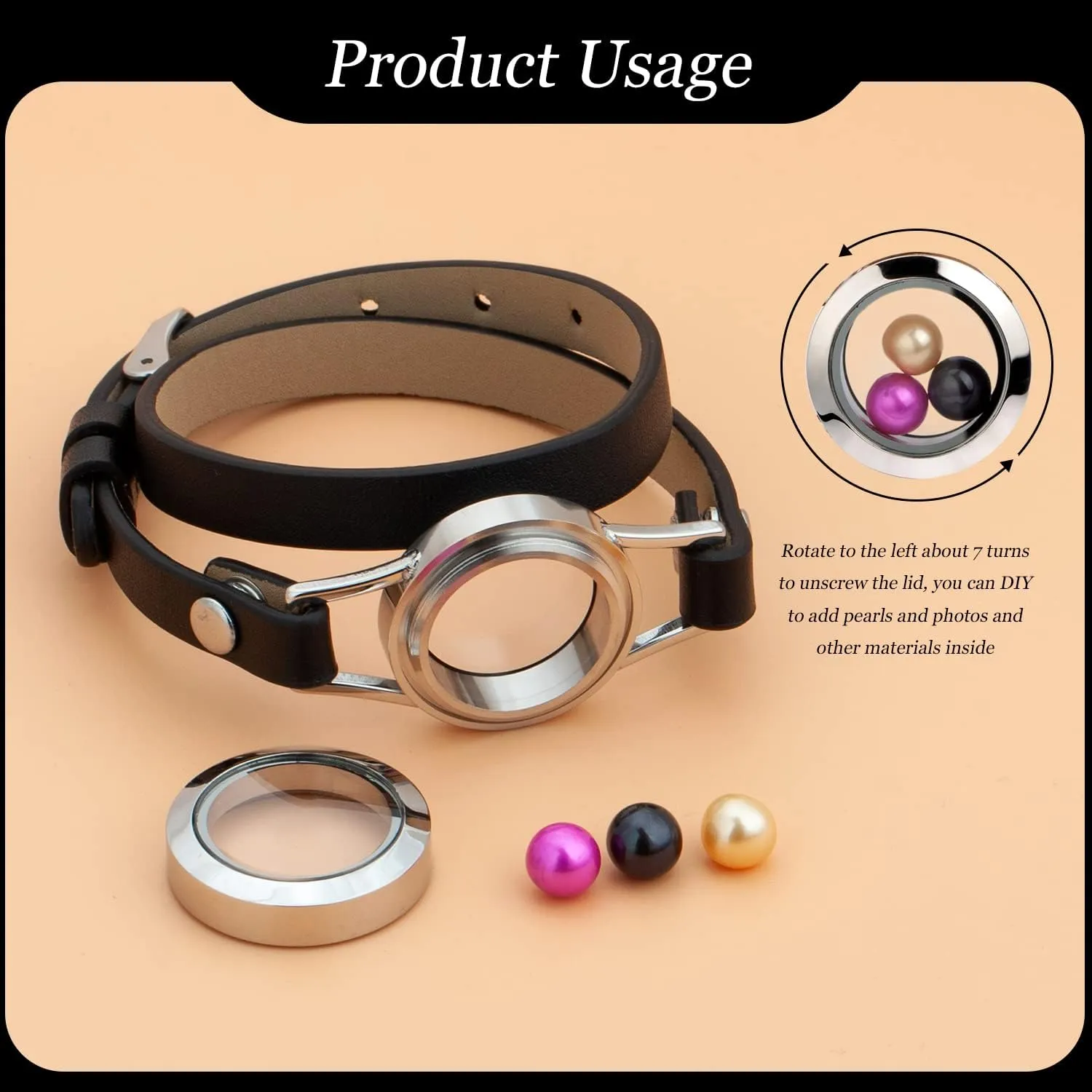 316L Stainless Steel Floating Memory Locket Bracelet,Various Styles and Colorful Silver Plated Charm Leather Bangles for Girls and Women