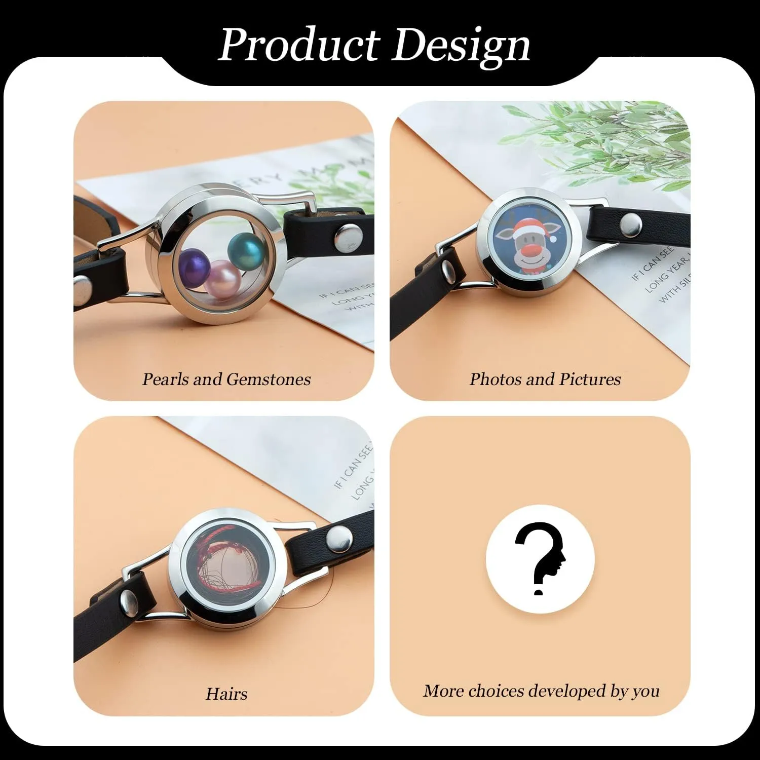 316L Stainless Steel Floating Memory Locket Bracelet,Various Styles and Colorful Silver Plated Charm Leather Bangles for Girls and Women