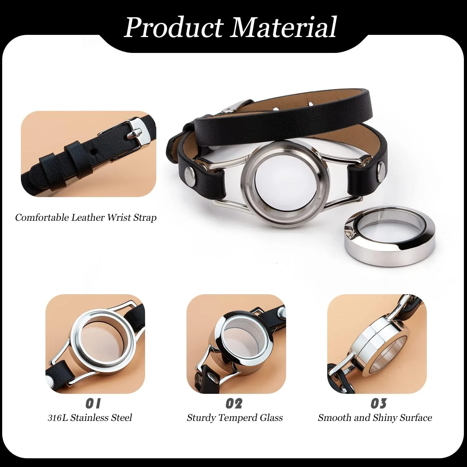 316L Stainless Steel Floating Memory Locket Bracelet,Various Styles and Colorful Silver Plated Charm Leather Bangles for Girls and Women