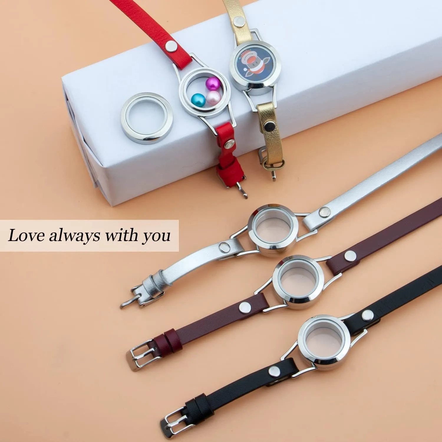 316L Stainless Steel Floating Memory Locket Bracelet,Various Styles and Colorful Silver Plated Charm Leather Bangles for Girls and Women