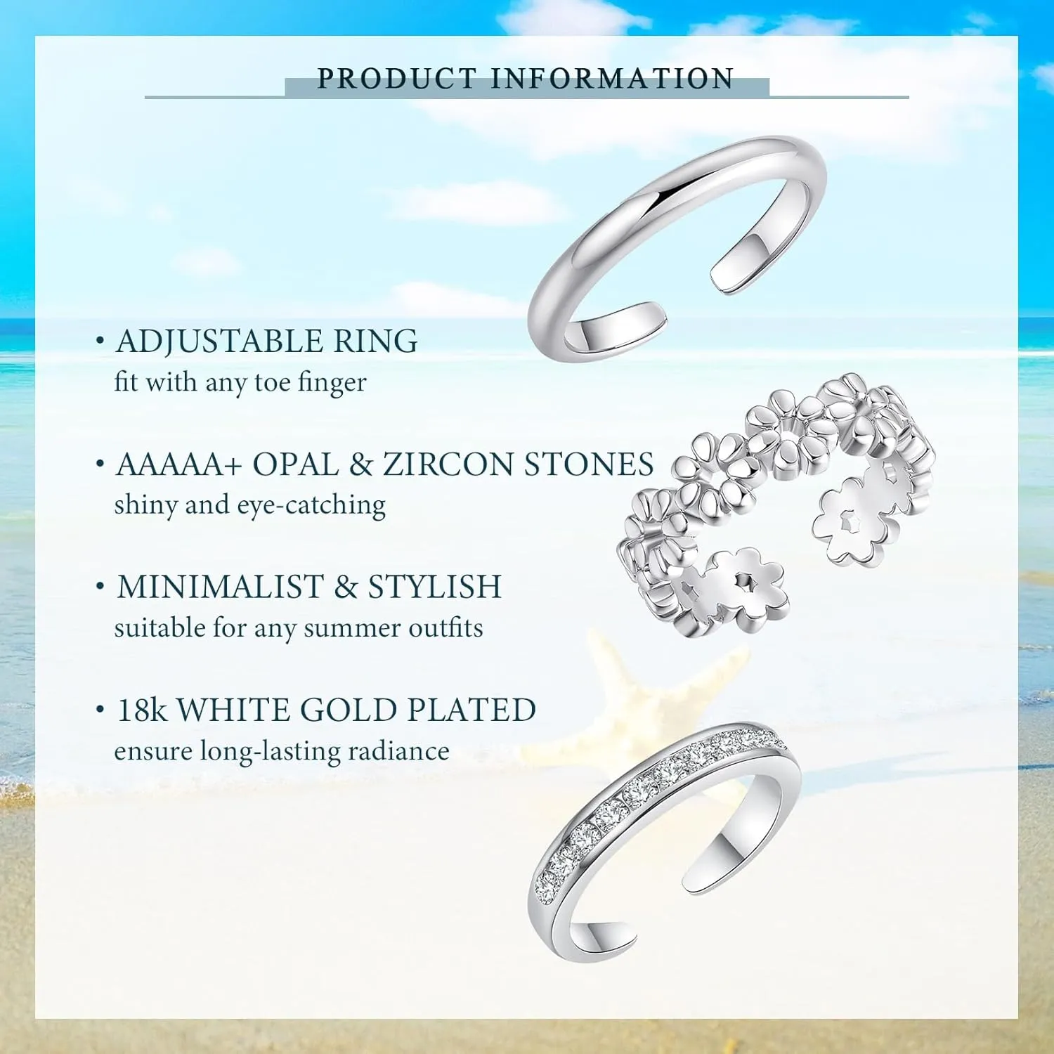 3Pcs Toe Rings for Women, Adjustable Open Toe Ring 18K Gold Cubic Zirconia Daisy Flower Simple Thin Band Hug Rings Stackable Hawaiian Summer Beach Foot Jewelry Set